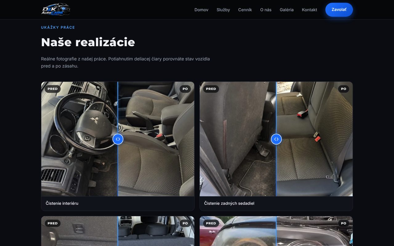 Web D&K AutoCARE: sekcia Naše realizácie s porovnaním fotografií pred a po