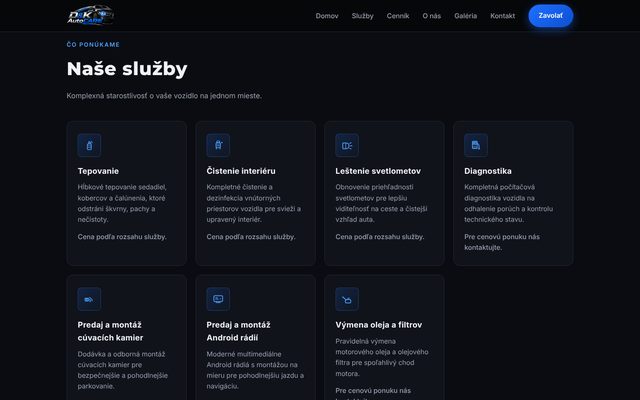 Web D&K AutoCARE: prehľad služieb v kartách