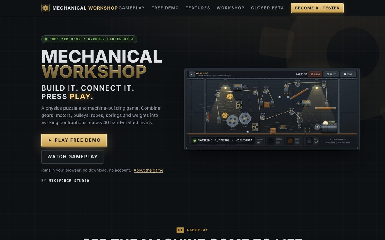 Prezentačný web hry Mechanical Workshop: úvod s nadpisom a ukážkou bežiaceho stroja v hre